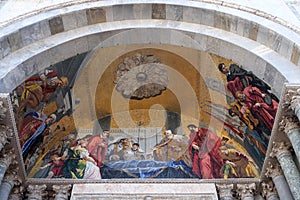 St. Mark`s body being venerated by the Doge and Venetian magistrates, lunette mosaic of St. Mark`s Basilica, Venice