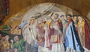 St. Mark`s body welcomed by the Venetians, lunette mosaic of St. Mark`s Basilica, St. Mark`s Square, Venice