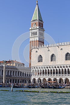 St Mark`s Campanile and gothic Doge`s Palace on Piazza San Marco, Venice, Italy