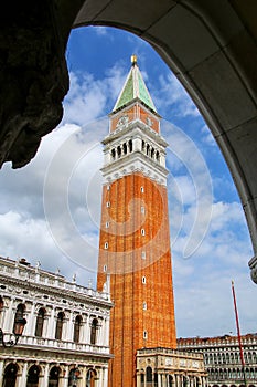 St Mark`s Campanile seen through Palazzo Ducale gallery at Piazz