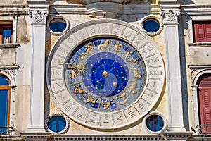 St Mark`s Clock tower at St Mark`s Square Piazza San Marco, Venice, Italy