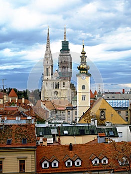 Spires of St Marks Church and Zagreb Cathedral Croatia