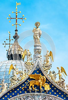 St Markâ€™s Basilica, detail of luxury rooftop, Venice, Italy. Old Saint Markâ€™s cathedral is famous tourist attraction of Venice