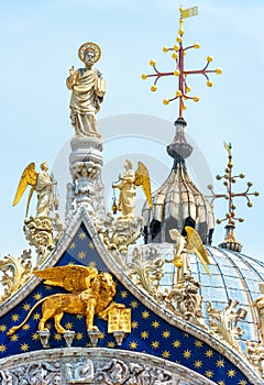 St Markâ€™s Basilica, detail of luxury rooftop, Venice, Italy. Old Saint Markâ€™s cathedral is famous tourist attraction of Venice