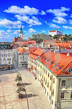 St. Martin Cathedral, Bratislava castle from left to right and  main square of Bratislava city, Slovakia
