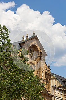 St. Martin church facade with clock in Bamberg, Upper Franconia, Bavaria, Germany