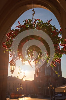 Krakow old town, Market square with St. Mary`s church at sunrise, historical center cityscape, Poland, Europe