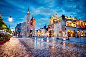 St. Mary`s Basilica on the Krakow Main Square at Dusk, Krakow