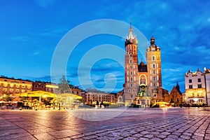 St. Mary`s Basilica on the Krakow Main Square at Dusk, Krakow