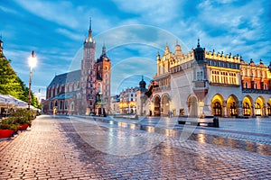 St. Mary`s Basilica on the Krakow Main Square at Dusk, Krakow