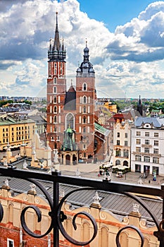 St. Mary\'s Basilica on the old town of Cracow, Poland. Aerial view