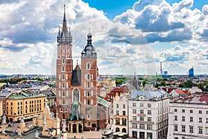 St. Mary's Basilica on the old town of Cracow, Poland. Aerial view