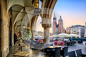 St Mary`s Basilica and Sukiennice in Krakow, Poland