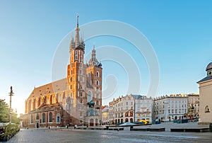 St. Mary`s Cathedral church at Market square in Krakow at sunrise, Poland