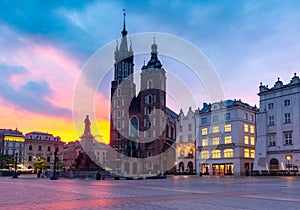 Krakow. St. Mary`s Church and market square at dawn.