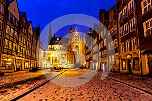 St Mary`s Church and Royal Chapel of Gdansk, night winter view, Christmas time, Poland