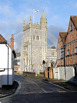 St Mary`s Church viewed from the High Street, Old Amersham, Buckinghamshire