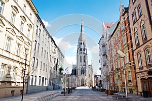 St. Mary`s street and church in Katowice, Silesia, Poland