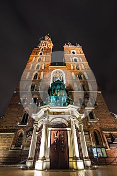 St. Mary's Basilica (Church of Our Lady Assumed into Heaven) in Krakow, Poland at night