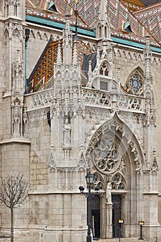 St. Matthias neogotical cathedral facade and tiles in Budapest. Hungary