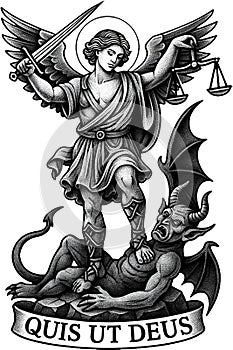 St Michael the Archangel illustration defeating the devil.