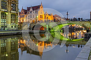 St Michael Bridge with green light, Ghent, Belgium