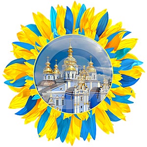 St Michael Monastery in Kiev framed with petals in colors of Ukrainian flag