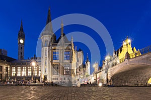 St. Michael`s Bridge and Graslei quay in Gent at night, Belgium