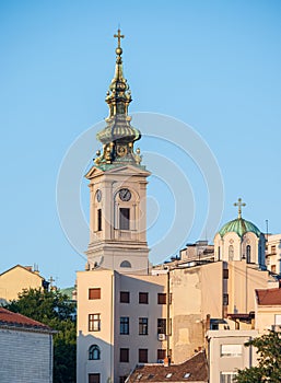 St. Michael`s Cathedral church view from the bank of the Sava River, Belgrade, Serbia