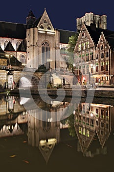 St. Michael's church and bridge at night. Ghent, Belgium.