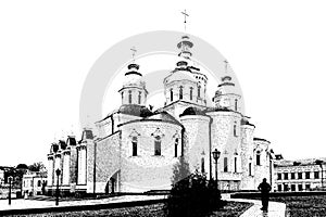 St. Michael`s Golden-Domed Monastery in Kiev, Ukraine pen sketch photo