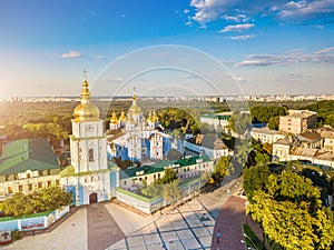 St. Michael`s Golden-Domed Monastery in Kiev Ukraine. View from above. aerial photo