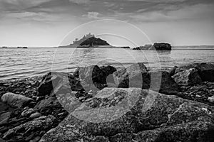 St Michael`s Mount grayscale image in South Cornwall, England