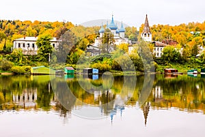 St. Nichola`s Holy Trinity Monastery Svyato Troitse Nikolsky Monastery and Cathedral of the Annunciation. View from the Klyazma