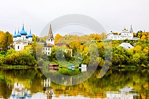 St. Nichola`s Holy Trinity Monastery Svyato Troitse Nikolsky Monastery and Cathedral of the Annunciation. View from the Klyazma