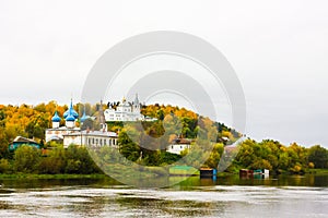 St. Nichola`s Holy Trinity Monastery Svyato Troitse Nikolsky Monastery and Cathedral of the Annunciation. View from the Klyazma