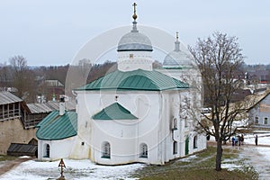 St. Nicholas Cathedral in Izborsky fortress close up. Izborsk, Russia