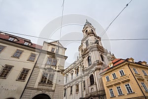 St Nicholas Church, also called Kostel Svateho Mikulase, in Prague, Czech Republic, with its dome seen from Karmelitska street