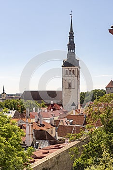 St Nicholas Church tower and roof tops in old town Tallinn