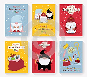 St. Nicholas Day set of postcards. Winter children s holiday. An old priest who brings gifts to children. Krampus and the angel