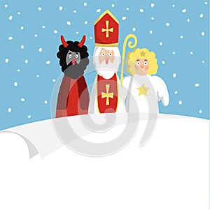 St. Nicholas with devil,angel and blank paper. Cute Christmas invitation, card, wish list. Flat design, illustration.