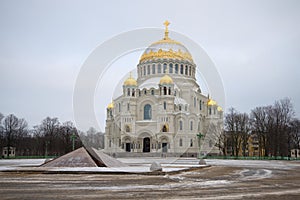 St. Nicholas naval Cathedral in Anchor square gloomy January day. Kronstadt