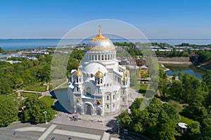 St. Nicholas Naval Cathedral in a city landscape aerial photography. Kronstadt