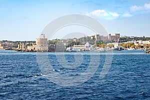 St. Nicoaus fortress, Mandraki harbor and Grand Master palace in City of Rhodes Rhodes, Greece