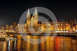 St. Niklaas church by night in Amsterdam the Netherlands