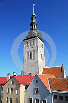 St. Olaf's or St. Olav's Church (Estonian: Oleviste kirik) and red roofs, Tallinn, Estonia