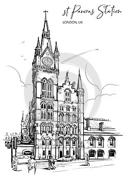 St. Pancras railway station, London, UK. Engraving style sketch.