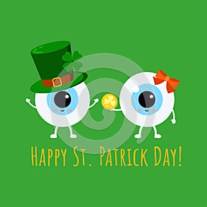St Patrick cute eyes in leprechaun hat and in glasses with gold coin.