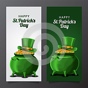 St patrick day banner template with illustration of golden coin in the pot with hat