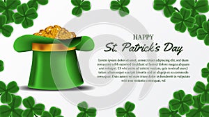 St patrick day banner template with illustration of shamrock clover leaves and golden coin in the hat
